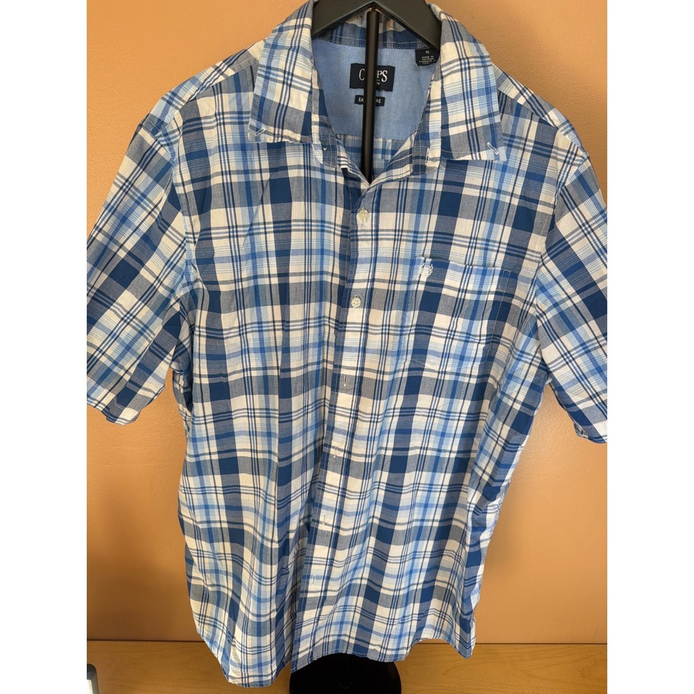 Chaps Mens XL Blue White Plaid Short Sleeve Easy Care Button Down Shirt Pocket